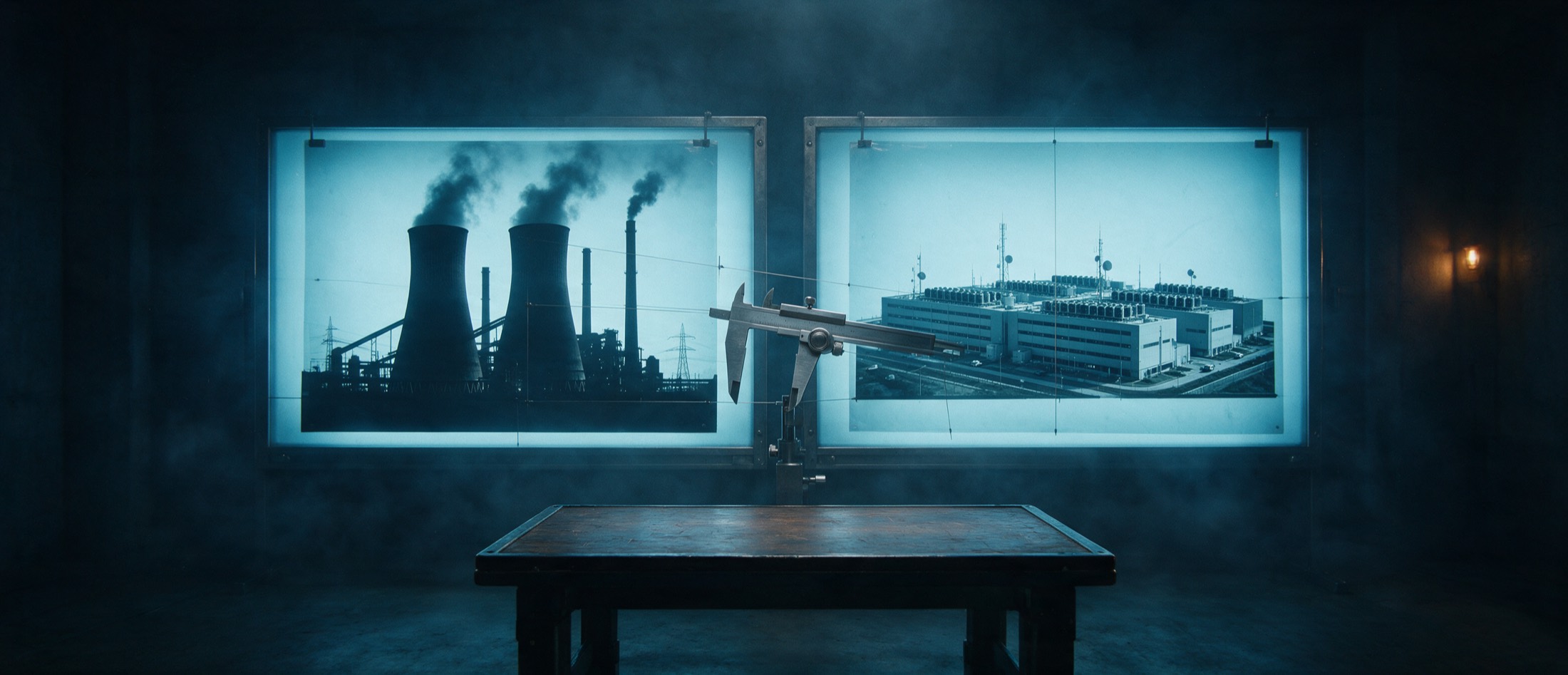 A forensic examination room with two backlit transparencies side by side, a 1990s coal plant and a modern data center campus, with calipers and measuring threads spanning between them.