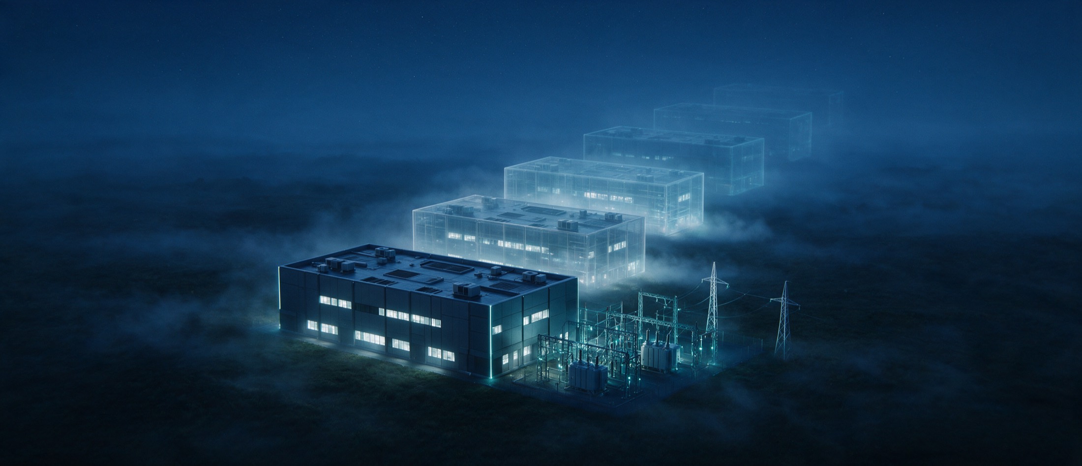 One solid, fully built data center and substation in the foreground, followed by five progressively larger and more translucent ghost copies of the same building receding into mist.