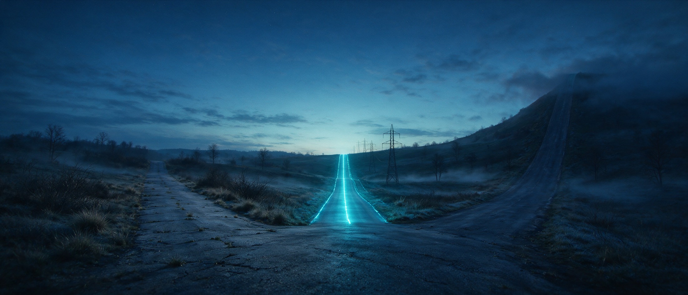 Three roads diverging: the left peters out into scrub, the right climbs steeply into darkness, and only the center road is lit by a continuous cyan ribbon with transmission towers alongside.