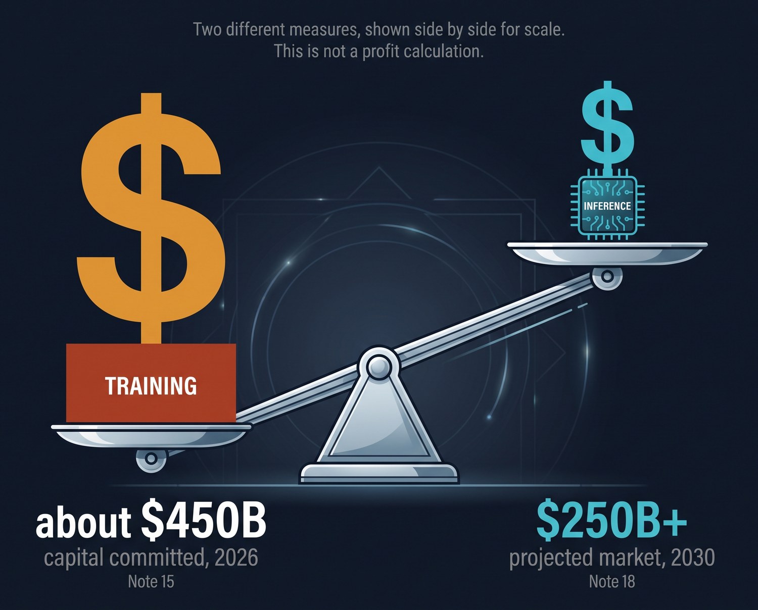 A beam balance tipped down to the left. The left pan carries a large amber dollar sign over a block labeled training, marked about 450 billion dollars of capital committed for 2026. The raised right pan carries a smaller cyan dollar sign over a chip labeled inference, marked 250 billion dollars plus projected market for 2030.